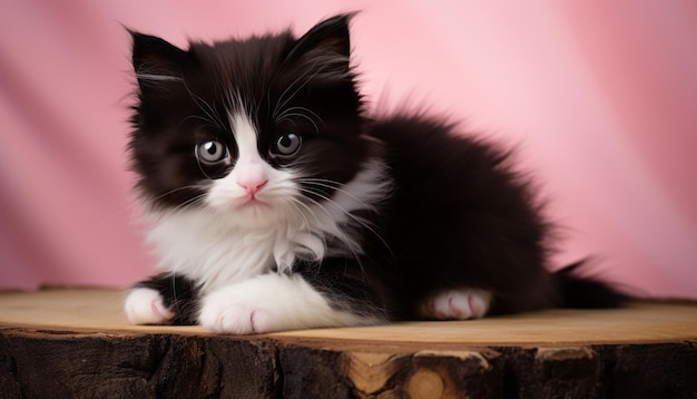 Gato doméstico adorable sentado con gracia en un estudio contra un telón de fondo de color sólido vibrante