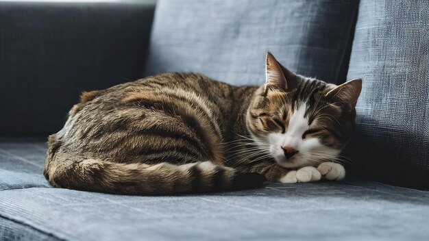 Foto gato doméstico adormecido en el sofá