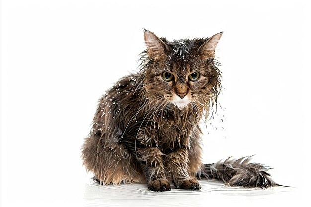 Foto gato doméstico bonito com pelagem bege claro lava-se molhado de água em um fundo branco isolado