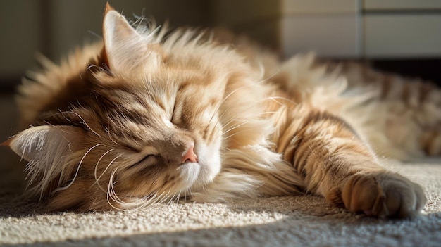 Gato doméstico de pelo longo tranquilo tomando uma sesta à luz do sol quente em um tapete aconchegante