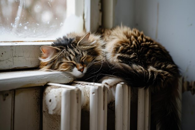 Un gato doméstico gris acostado junto a la ventana en el radiador de calefacción Un gato doméstico durmiendo y calentándose contra la ventana en un frío día de invierno