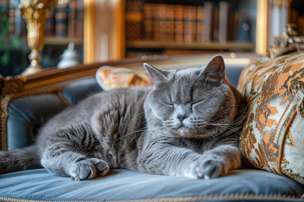Gato doméstico gris relajado descansando en un sofá de elegantes rayas con almohada adornada