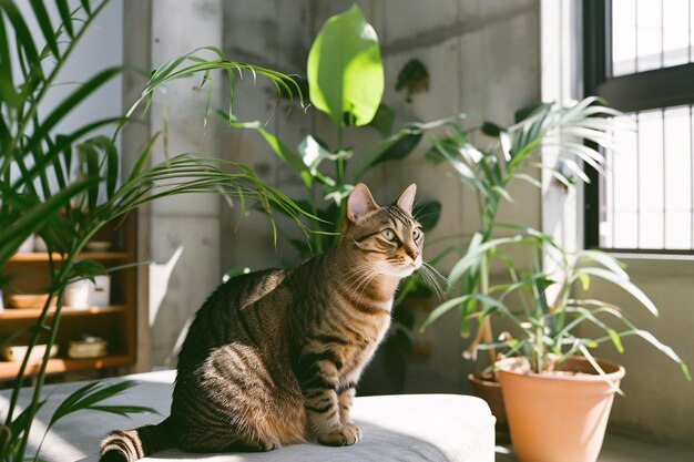 Gato doméstico en el interior acogedor de la sala de estar de un apartamento contemporáneo de estilo vintage