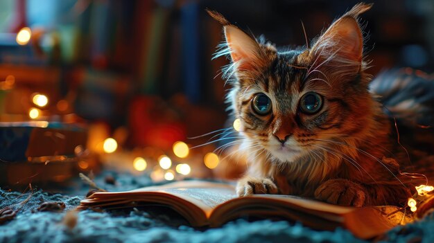 Gato doméstico de pelo corto con bigotes en un libro abierto en la ciudad