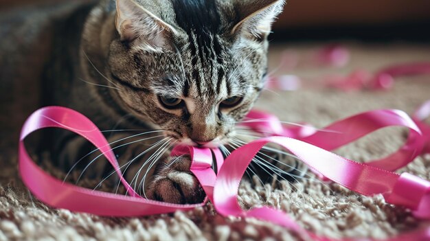 Foto un gato doméstico de pelo corto juguetón mordiendo una cinta rosada generativo ai