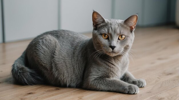 Gato doméstico relajado tendido en el suelo de madera