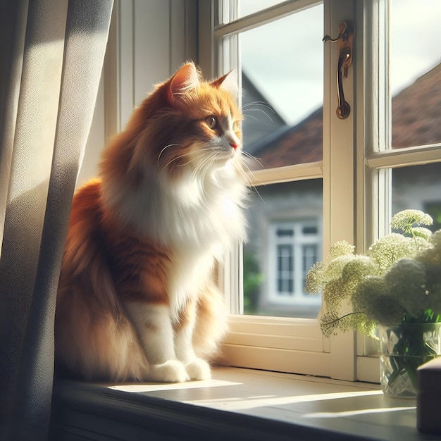 Foto un gato doméstico sentado en el umbral de la ventana en un día despejado