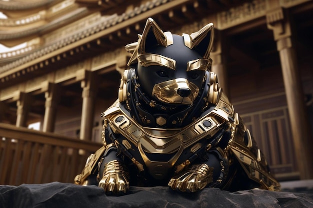 un gato dorado con un casco negro y un casco dorado.