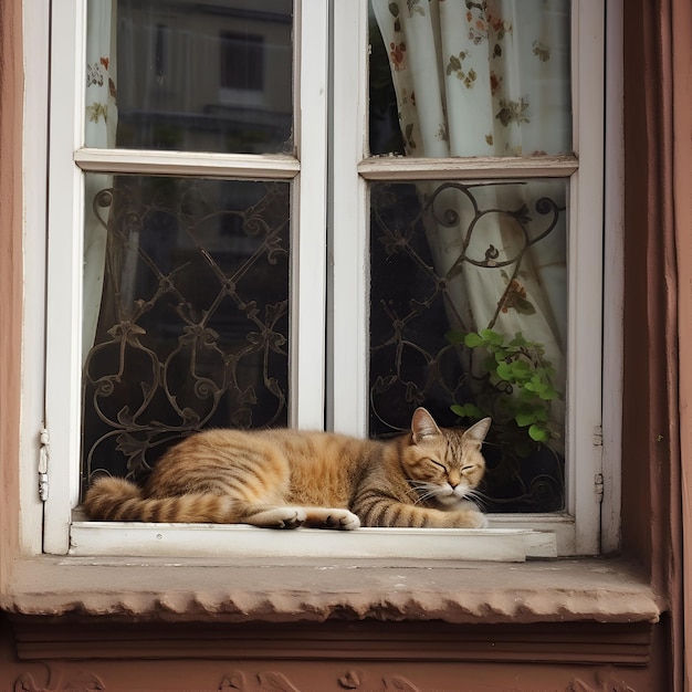 Gato dorme na janela do lado de fora