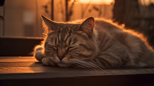 Gato dormindo ao nascer do sol do dia gerado pela IA