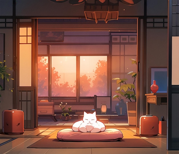 Gato dormindo em um travesseiro desenhado no estilo Lofi japonês gerado por IA