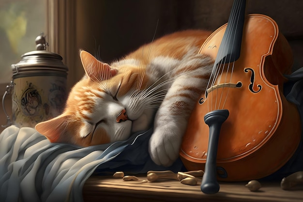 Un gato duerme al lado de un violín.