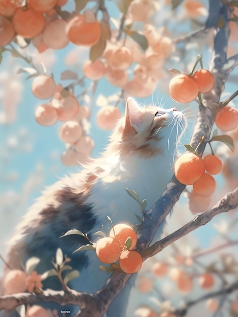 Un gato duerme en un árbol con bayas naranjas.