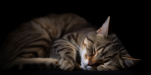 Un gato duerme en la oscuridad con la luz brillando sobre él.