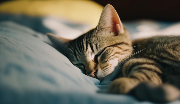 Un gato duerme sobre una manta azul con una raya blanca en la cara.