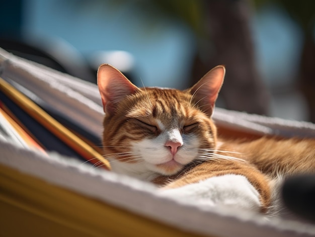 Foto un gato durmiendo en una hamaca con los ojos cerrados.
