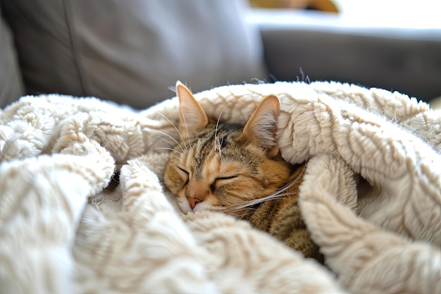 Gato durmiendo bajo una manta en el sofá