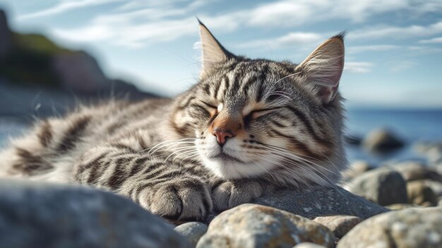 Un gato durmiendo en una roca con un fondo de cielo