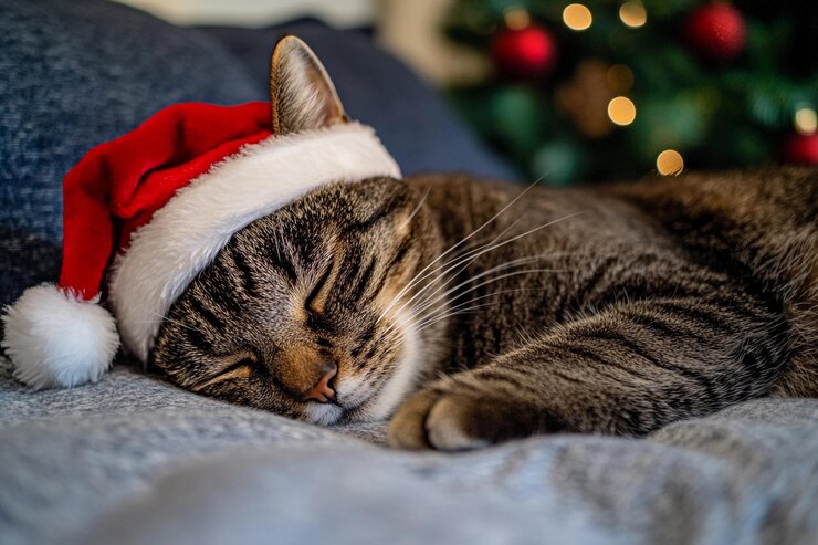 Gato durmiente con un sombrero de Papá Noel festivo con decoraciones navideñas en el fondo AI generativa