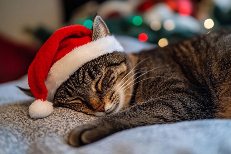 Gato durmiente con sombrero de Papá Noel en una manta acogedora cerca de decoraciones navideñas IA generativa