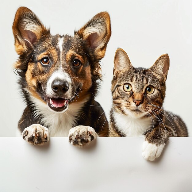 gato e cachorro bonitos segurando uma palavra branca em um fundo branco