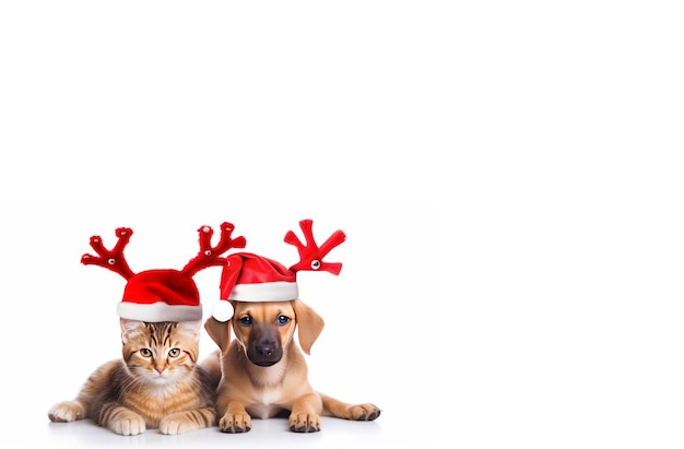 Gato e cachorro celebrando o Natal vestindo chapéu vermelho de Papai Noel chifres de renas