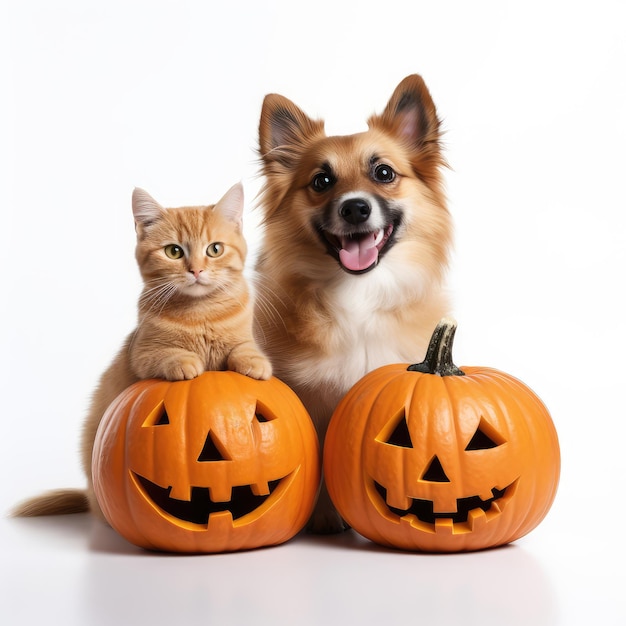 Gato e cachorro com abóboras de halloween isoladas em fundo branco