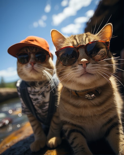 gato e cachorro com óculos de sol no verão dentro de um carro na praia