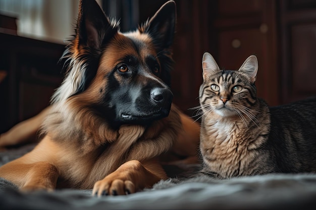 Gato e cachorro deitados juntos