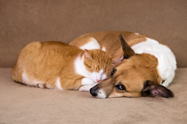 Gato e cachorro descansando juntos no sofá. Melhores amigos.