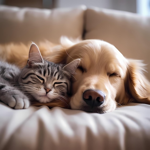 gato e cachorro dormem juntos feito com IA generativa