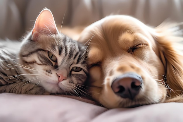 gato e cachorro dormem juntos feito com IA generativa