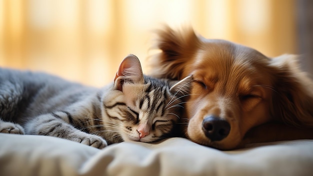 Gato e cachorro dormem juntos