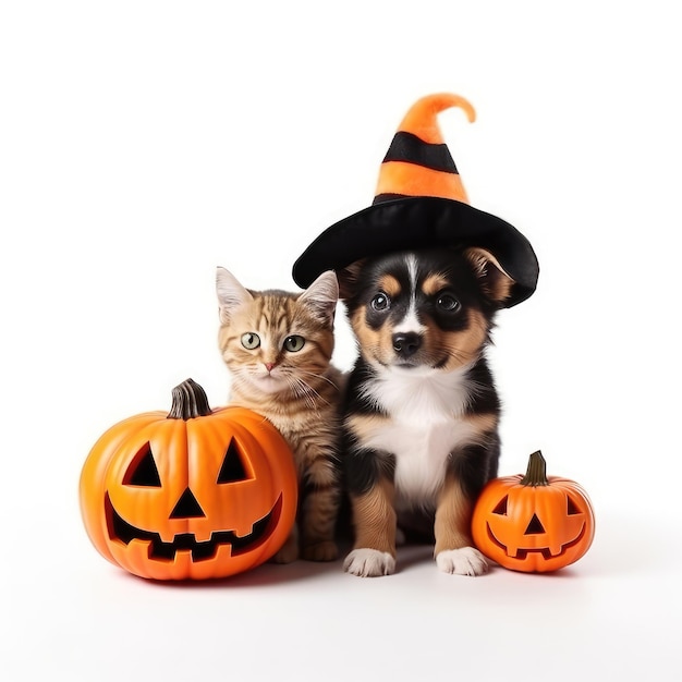 Gato e cachorro em fantasias de Halloween com abóboras isoladas em fundo branco