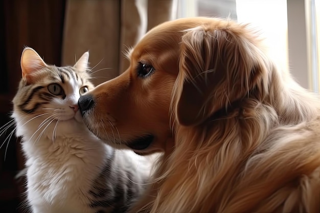 Foto gato e cachorro em uma cena romântica com câmera lenta e música sonhadora criada com ia generativa