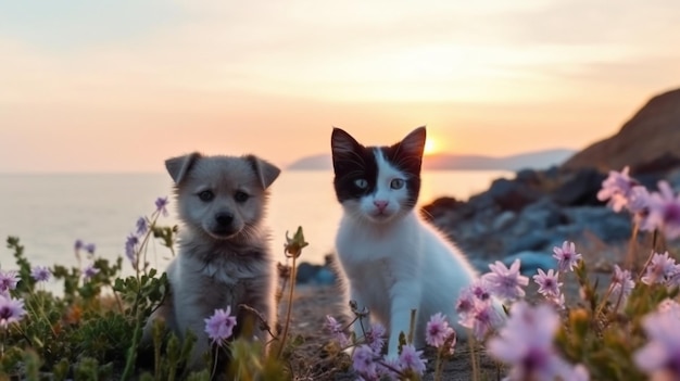 gato e cachorro engraçado cachorro fofo e gatinho sentar brincar na água do mar salpicos de água do mar na natureza do pôr do sol