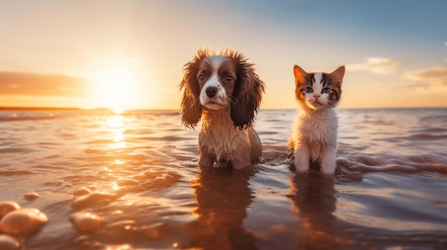 gato e cachorro engraçado cachorro fofo e gatinho sentar brincar na água do mar salpicos de água do mar na natureza do pôr do sol