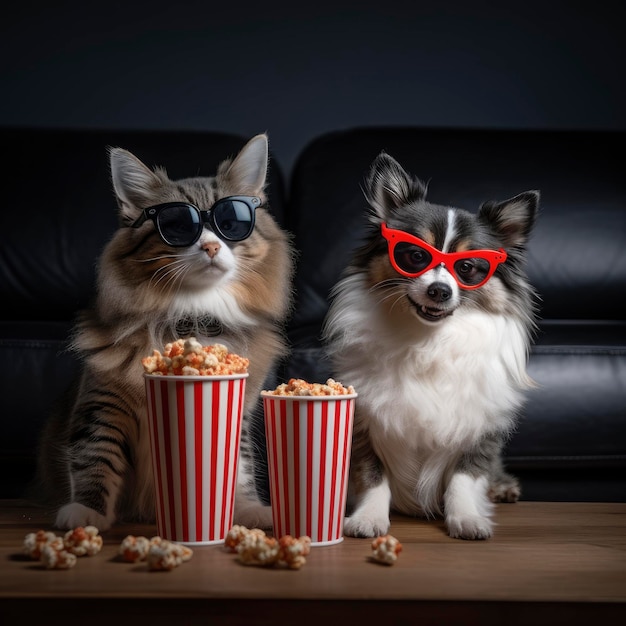 gato e cachorro estão sentados em uma mesa com pipoca