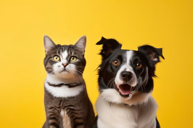 Gato e cachorro juntos com expressões felizes em fundo amarelo