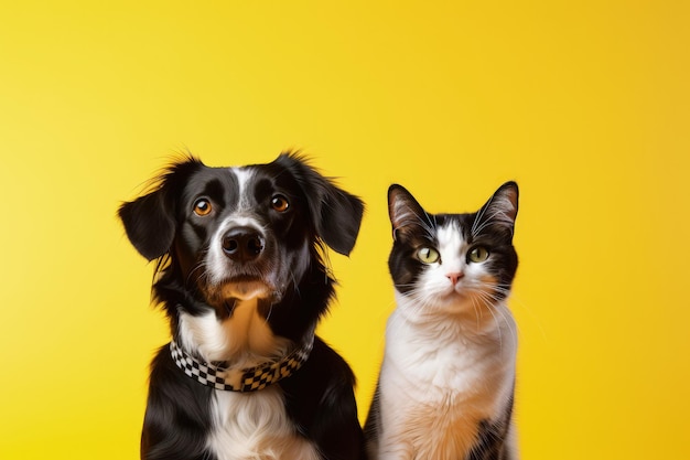 Gato e cachorro posando diante de fundo amarelo