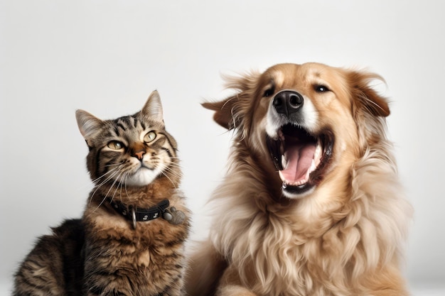 Gato e cachorro rindo contra um fundo branco IA generativa