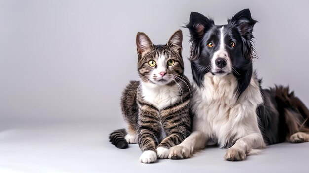 Gato e Cão Amigáveis Sentados Juntos Retrato de Companheirismo Amor e Harmonia de Animais de Coração em um Estúdio Perfeito para Temas de Animais IA