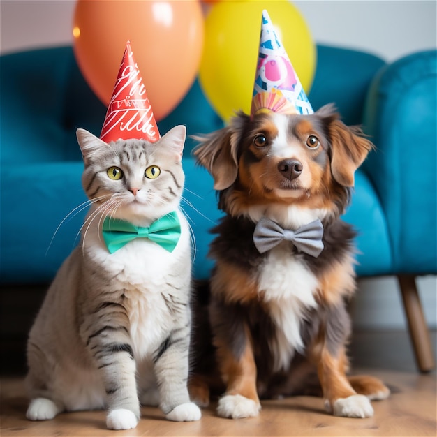 Foto gato e cão em chapéus de aniversário olhando para a câmera juntos celebração de aniversário