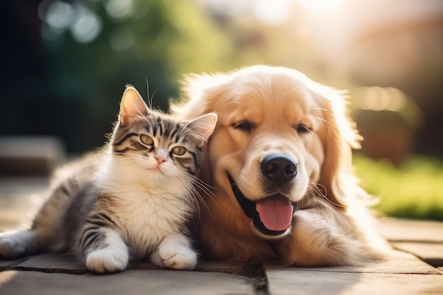 Gato e cão Golden Retriever juntos na luz do pôr-do-sol Um gato bonito com olhos verdes deitado em uma cama e olhando para cima Gerado por IA