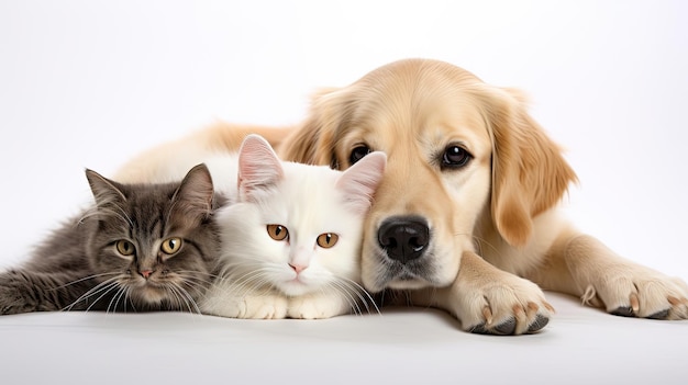 gato e cão juntos contra um fundo branco limpo enfatizando a amizade comovente e a diversidade no reino animal