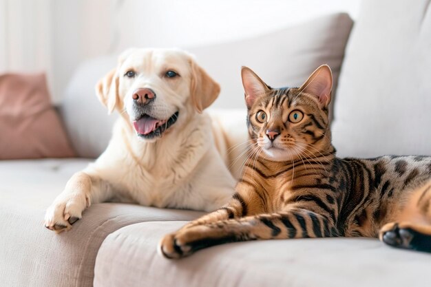 Gato e cão no sofá.