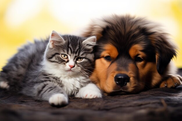 Foto gato e cão pacificamente deitados um ao lado do outro uma cena tranquila