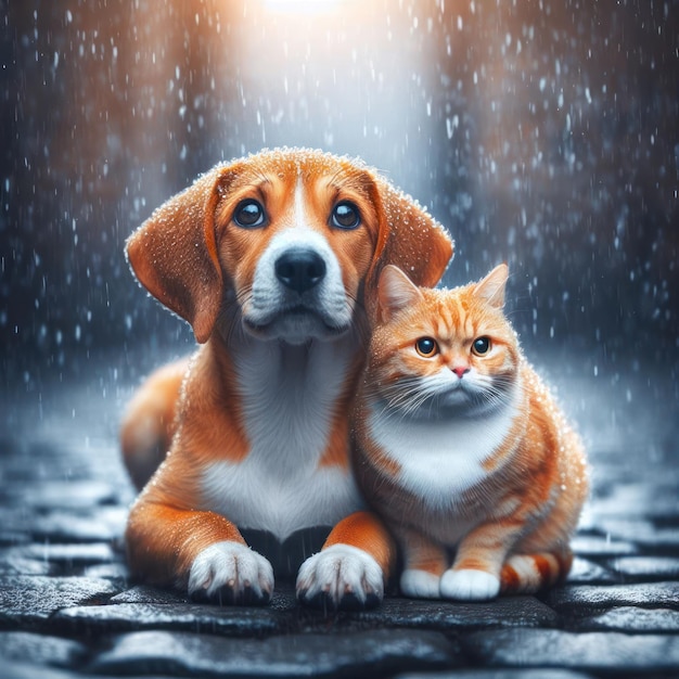 Gato e cão sentados juntos na chuva