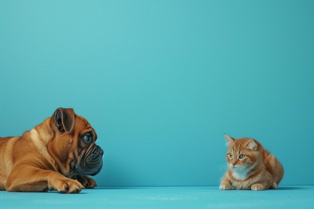 Gato e um cachorrinho em fundo azul com IA gerada