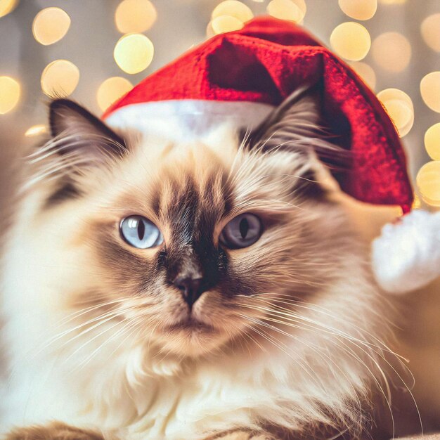 El gato de la elegancia del Himalaya en un sombrero de Papá Noel añade una fiesta esponjosa